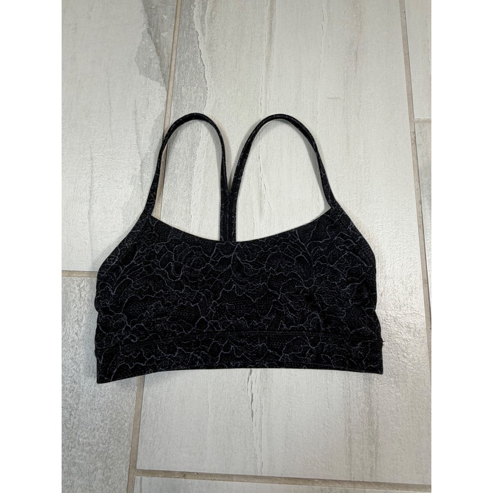 Lululemon Flow Y Bra Nulu Black Grey Crackle Lace Yoga Sports Bra Size 4